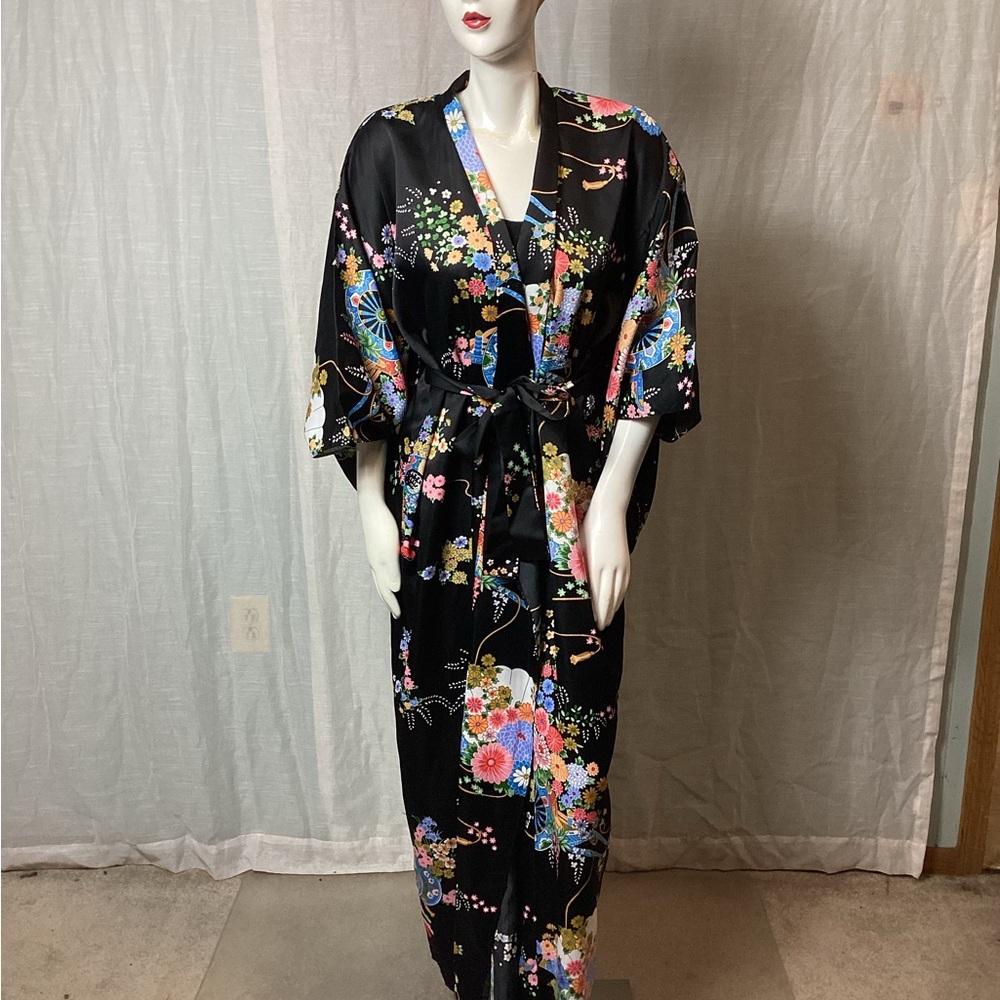 Black Floral Satin Kimono Robe with Belt